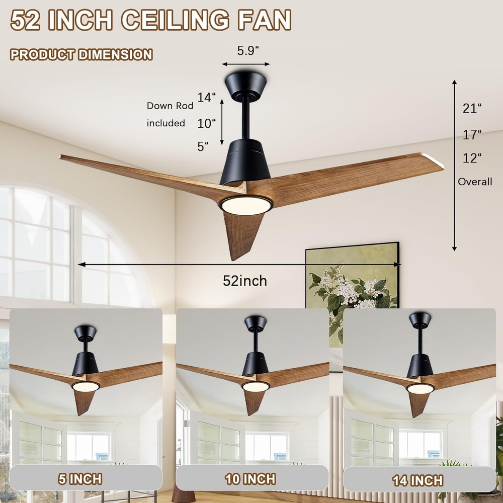 52" Ceiling Fans with Light, Solid Wood Ceiling Fan with Remote Control and D...