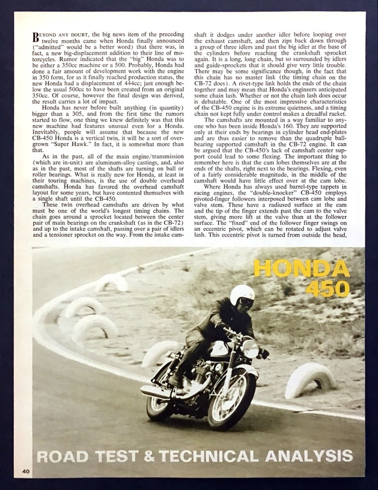 1965 Honda 450 Motorcycle Road Test Technical Data Review Article