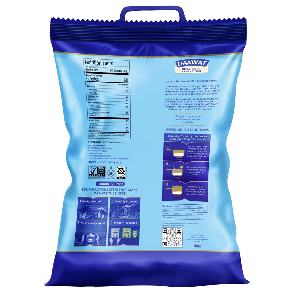 Daawat Traditional Basmati Rice Authentic Extra Long Grain White Rice, 10 lb...
