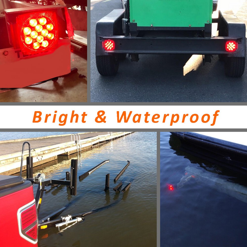 Pair LED Submersible Lights Trailer Under 80" Tail Brake Boat Stud Mount Square