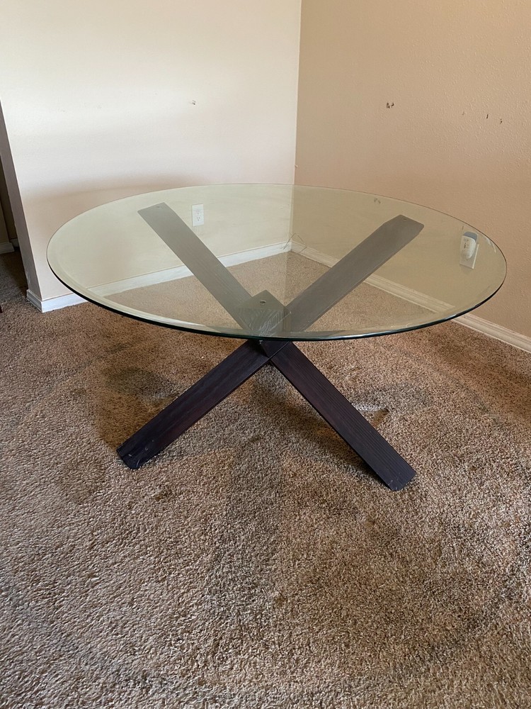 Round Glass Modern Dining Table with Wooden Geometric Base