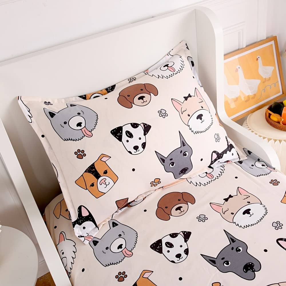 2PCS Soft Fitted Sheet and Pillowcase Set - Doggy Printed Puppy Pattern Desig...
