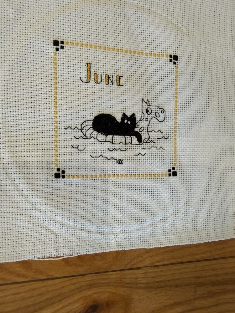 Handmade Counted Cross Stitch June Cat 9”x 9” 4” x 4”