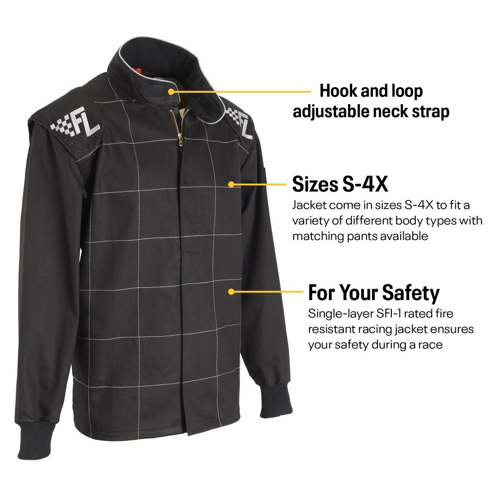 Finish Line Single-Layer SFI-1 Racing Suit Jacket, Black Medium