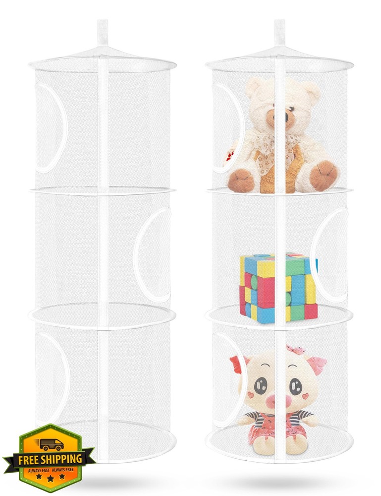 Libeder White Mesh Hanging Toy Organizer, 3 Compartment Storage Bags, 2 Sets