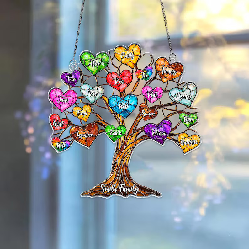 Personalized Family Tree Heart Suncatcher Acrylic Window Decor Gift