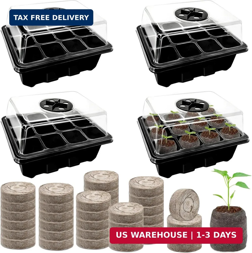 Halatool 4 Pack Seed Starter Tray with 50 PCS Peat Pellets, 48 Cells Black Seedi
