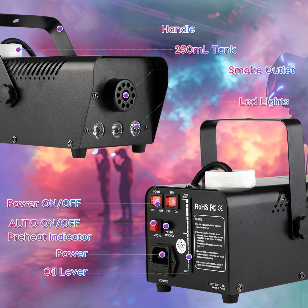 Fog Machine Auto Smoke LED Light 500W Mini Wireless Remote Control Mode Porta...
