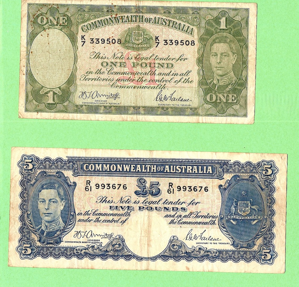 #D101. 1941/42  AUST. ARMITAGE McFARLANE   FIVE & ONE POUND  £5 & £1  BANKNOTES