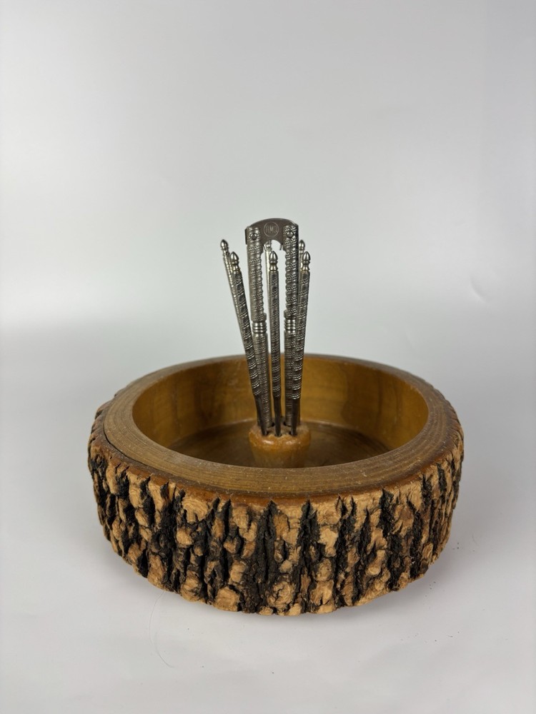 Solid Tree Bark Nut Bowl with HMQ Nutcracker & 6 picks Wood Food Vintage
