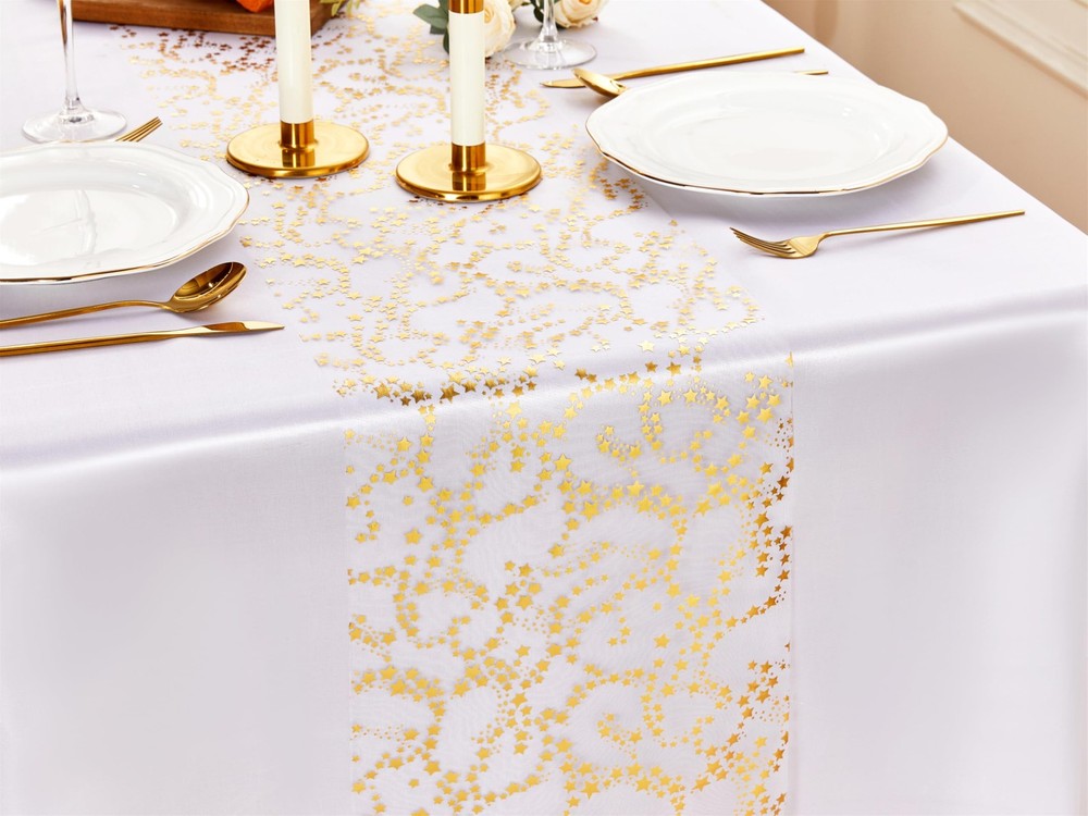Gold Table Runner Easter Table Decorations, 16 Ft Golden Star Sheer Chiffon T...