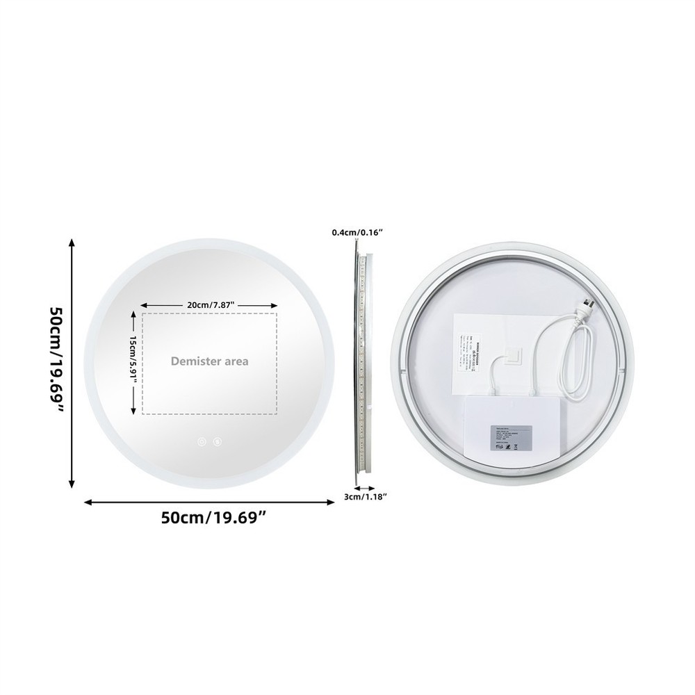3 Sizes Round Circle LED Bathroom Mirrors Wall Mounted Fogless Backlit Dimmable