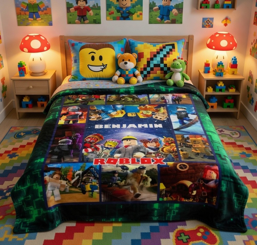Personalized Block Game Flannel Blanket Gamer Gift