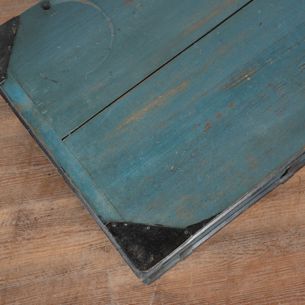 Original Blue Painted Flat Top Trunk dated 1858