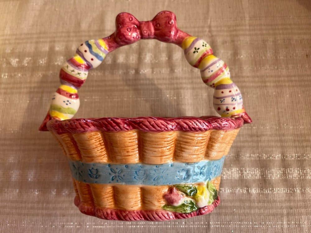 Handpainted Ceramic Easter Basket With Candle Holders 3 Pc Centerpiece Set