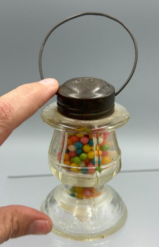 Vintage Long Waisted LANTERN GLASS CANDY CONTAINER A&E 402