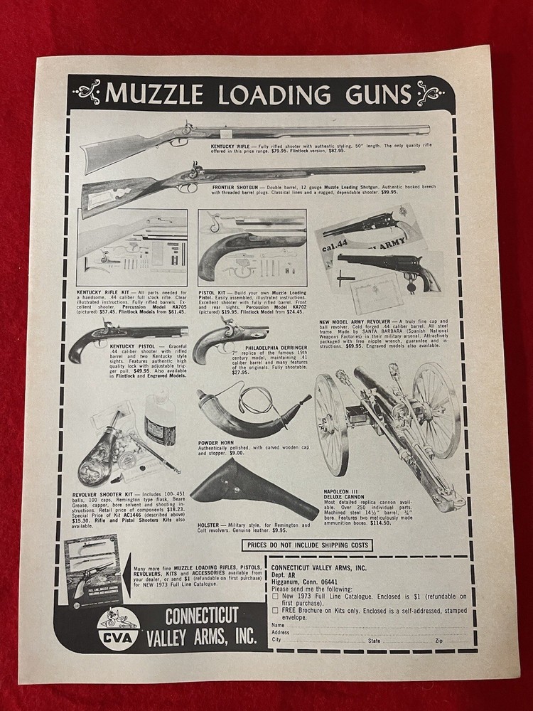 Vintage 1973 Connecticut Valley Arms Muzzle Loading Guns Print Ad