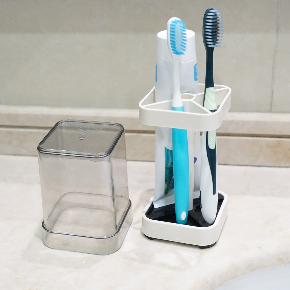 Toothbrush Holder With Cup Toothpaste Stand Storage Bathroom Organizer Freestand