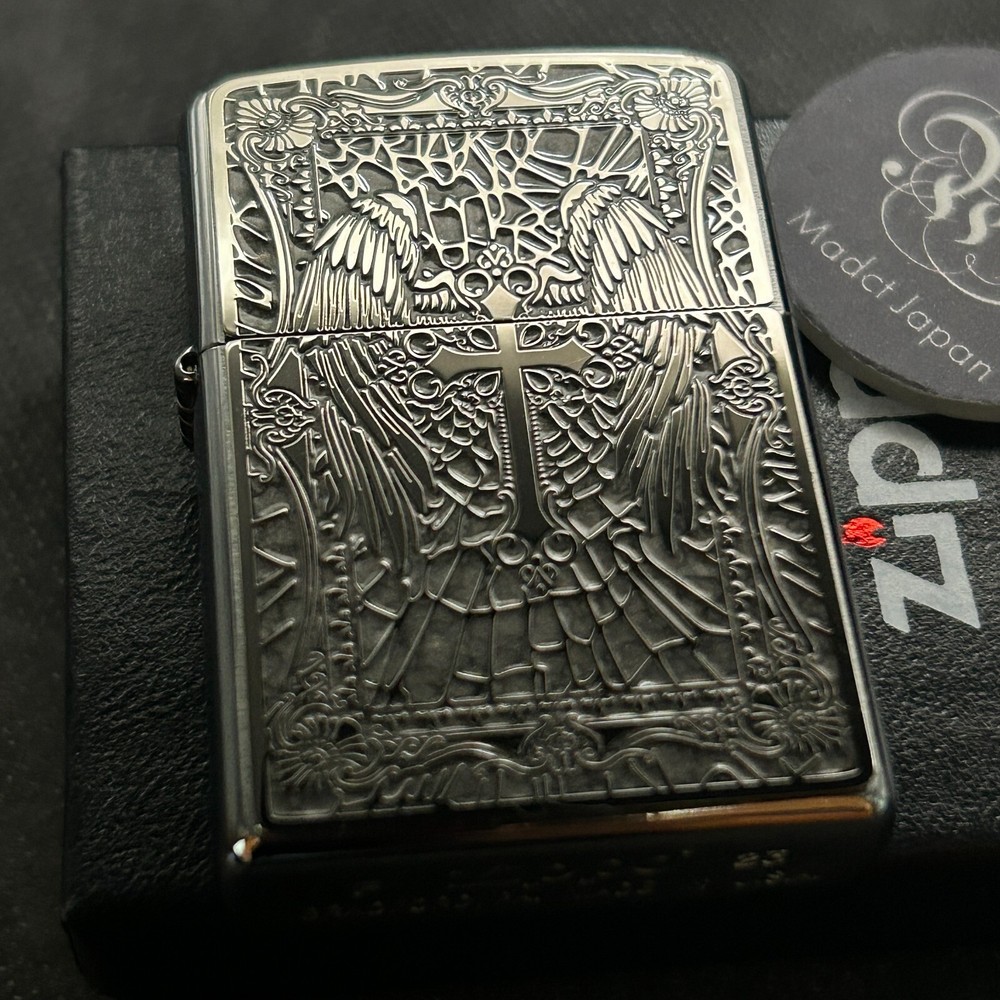 Zippo Oil Lighter Angel Cross Silver 2 Sided Processing Regular Case Japan
