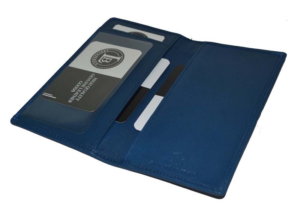 Leatherboss Genuine Leather PLAIN Slim Checkbook Cover, Blue