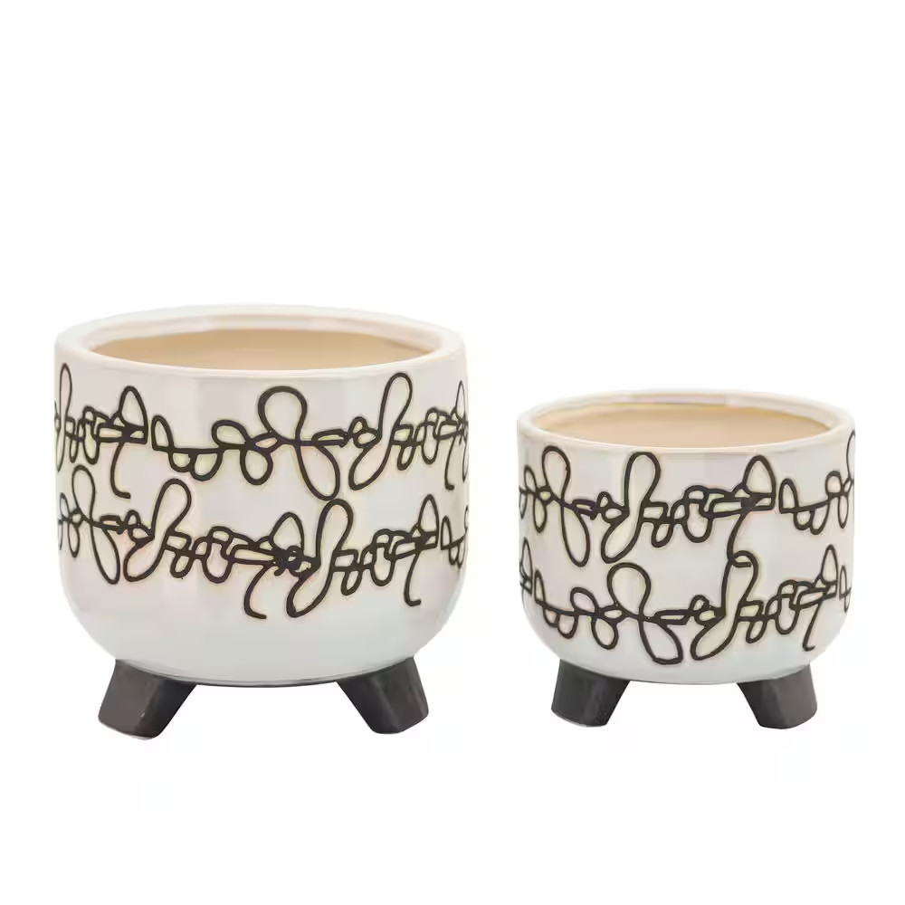 S/2 6/8In. Beige Ceramic Scribble Footed Planter