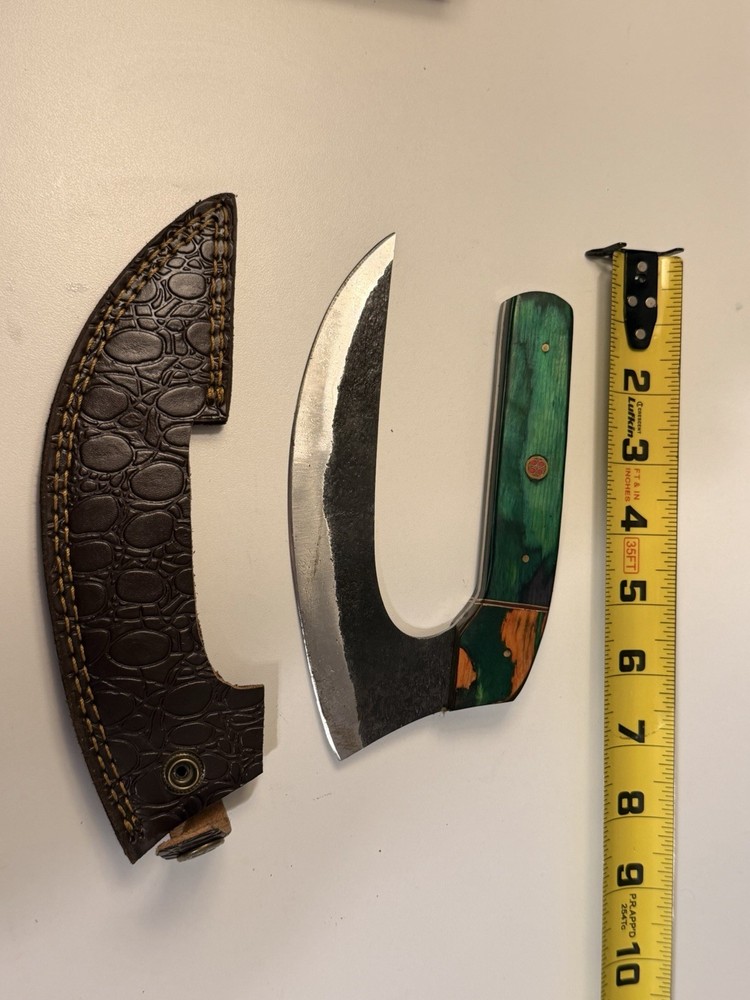 Damascus ulu-style knife
