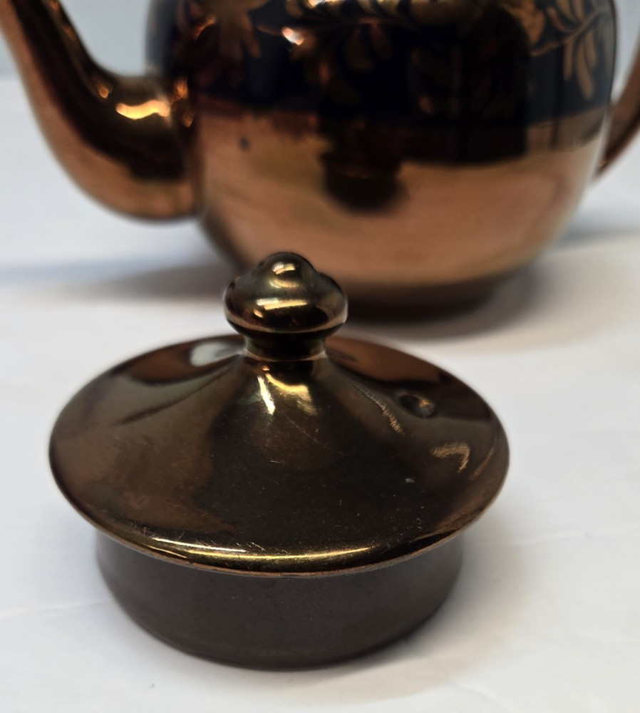 Copper Luster Teapot Blue Swirl Design Red Ware