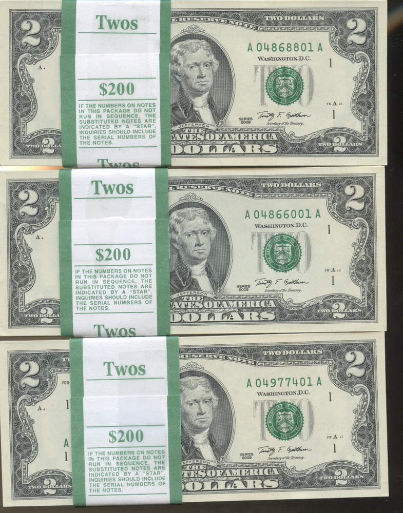 25 NEW $2 BILLS UNC  SEQUENTIAL TWO DOLLAR BILL 2.00 x 25 BEP PACK TEN  2003 per