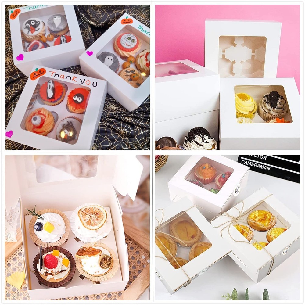White Cupcake Boxes 6x6x3 Inch Window Inserts 4 Count Container 24 PCS