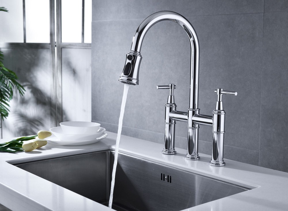 Bridge Kitchen Faucet with Pull-Down Sprayhead in Spot