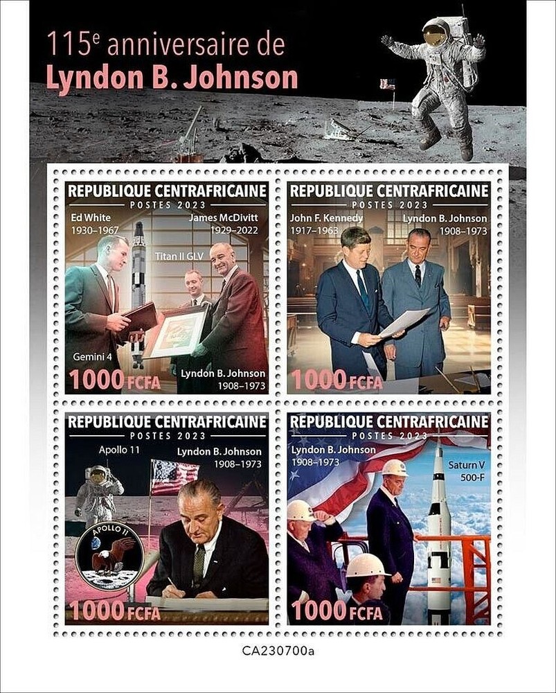 President LYNDON B JOHNSON APOLLO Space Program Stamp Sheet 2023 Central Africa