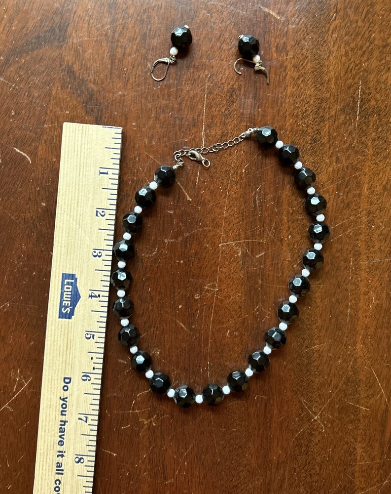 Bracelet and Earring - Silver And Charcoal Plastic Beads