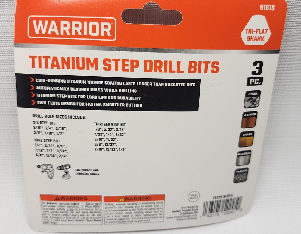 WARRIOR 3pc Titanium Step Drill Bits #91616 New Sealed