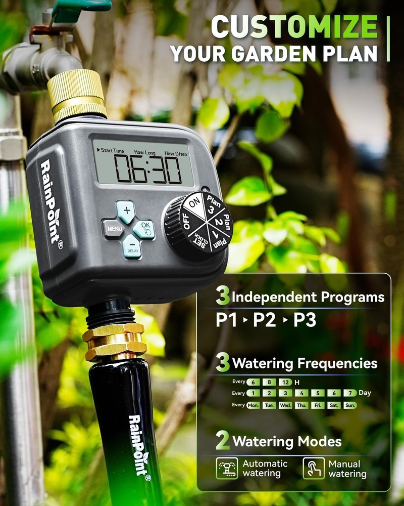 RAINPOINT Sprinkler Timer with 3 Different Programs, Waterproof Hose Timer Br...