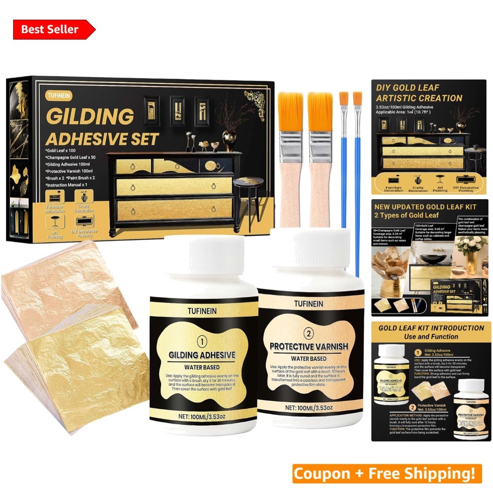 Versatile Gold Leaf Gilding Kit, 100ml Water-Based Adhesive & Tools Included