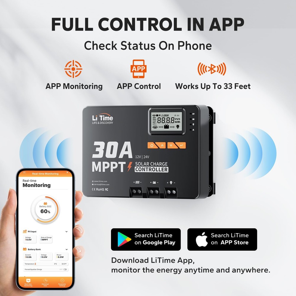 LiTime 30A MPPT Solar Charge Controller 12V/24V Auto Bluetooth LCD LED Indicator