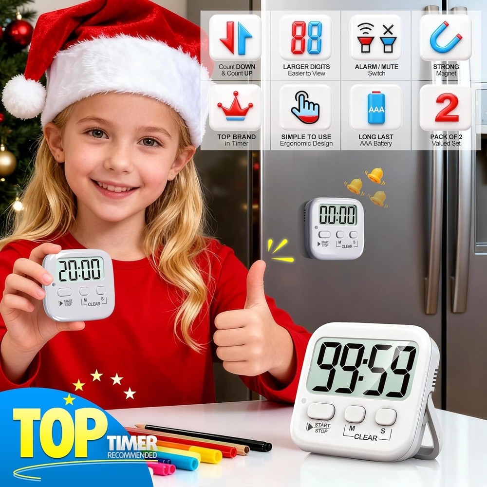 Versatile 2 Pack Countdown Timer for Classroom and Cooking - Batteries Included