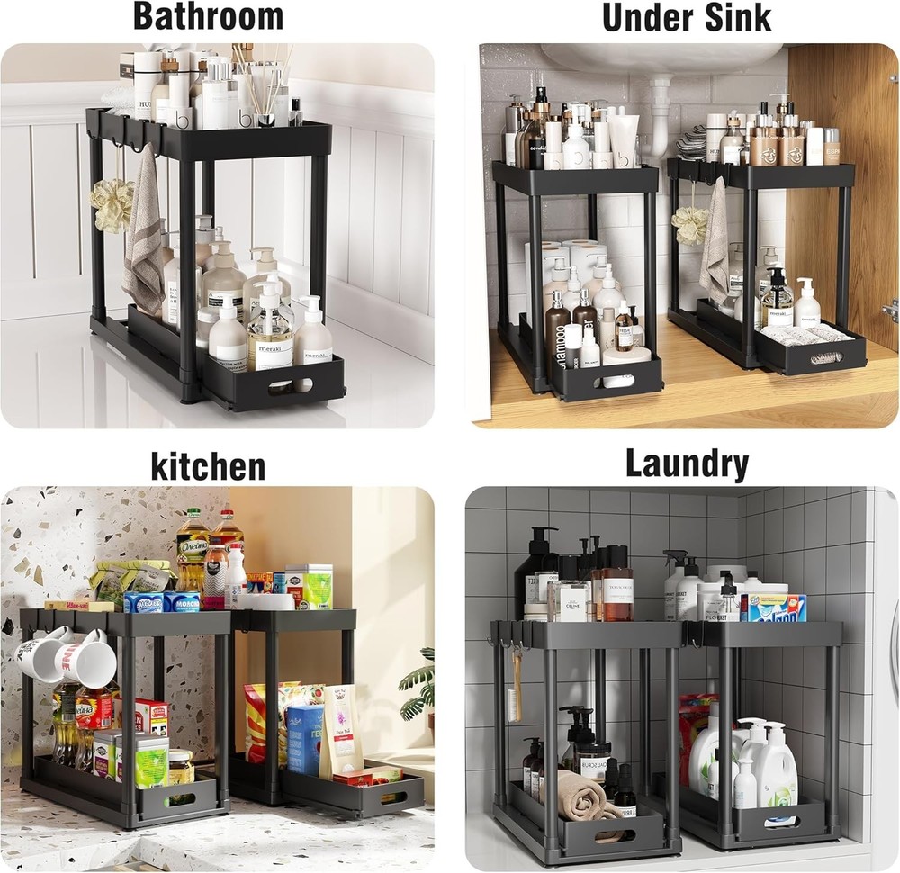Space-Optimizing 2-Pack Under Sink Organizers with Smooth Dual-Pull Design