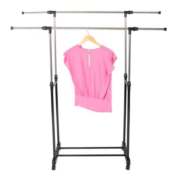 Dual-bar Vertical & Horizontal Stretching Stand Clothes Rack with Shoe Shelf