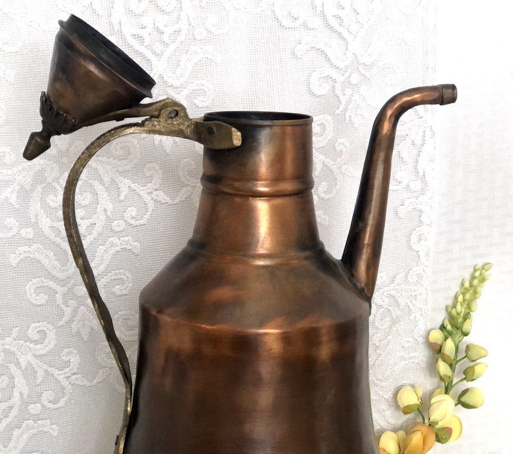 Solid Copper Middle Eastern Ewer / Pitcher Hand Hammered Lidded Vintage lovely