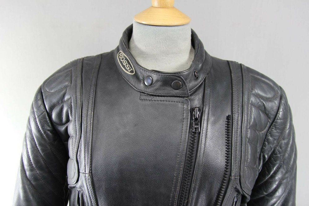 RIOSSI BLACK LEATHER BIKER JACKET WITH REMOVABLE BACK & ELBOW PROTECTORS SIZE 12