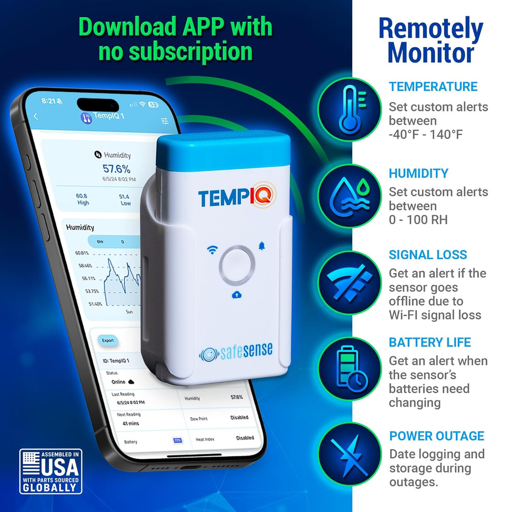 TEMPIQ Remote Wifi Temperature & Humidity Sensor - App Integration, Alerts, Help