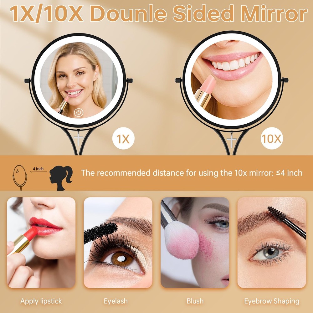 Lighted Makeup Mirror with Magnification 1x/10x Magnifying Mirror with 3 Colo