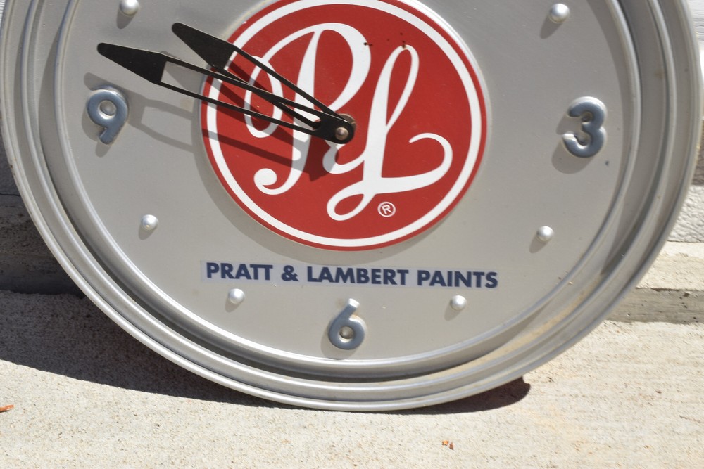 Vintage Pratt & Lambert Paint Can Shaped Advertising Wall Clock Sign