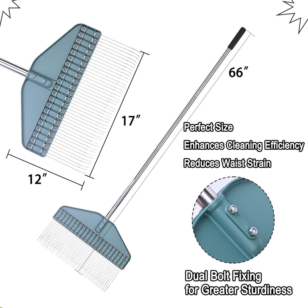 Adjustable Thatch Rake with 66" Handle - 17" Durable Dethatcher for Lawn Care