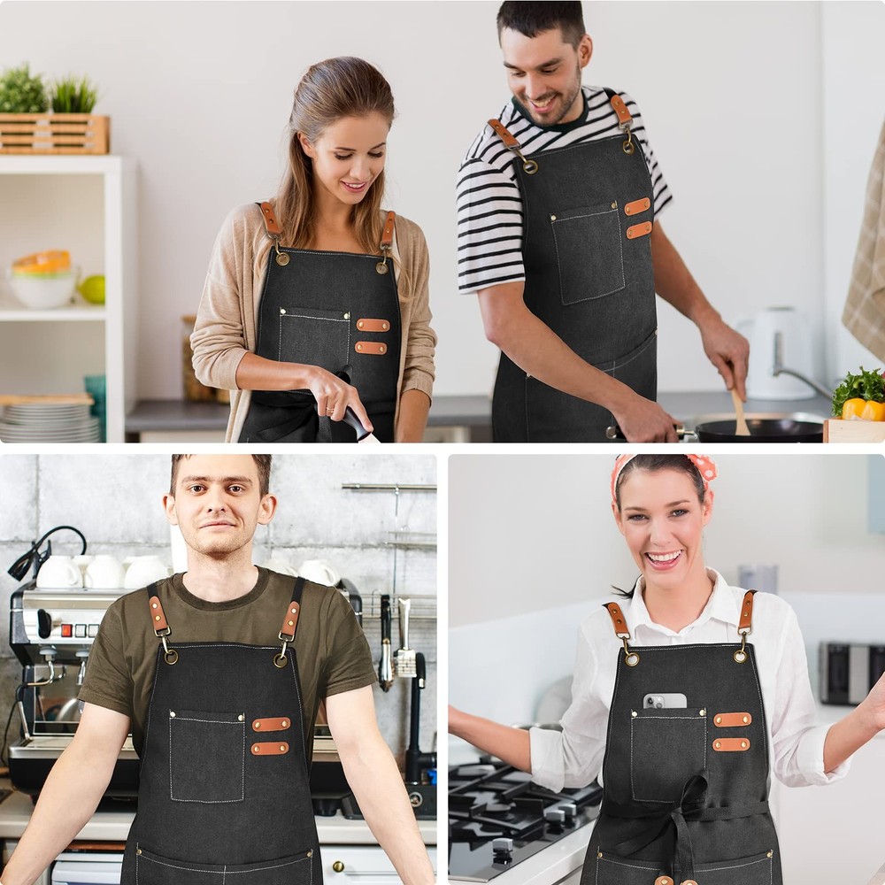 Chef Apron With Pockets, Cross Back Support, Durable Canvas, Black