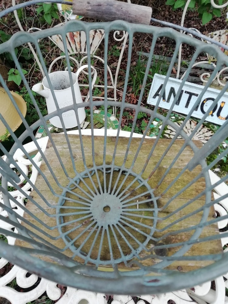 Vintage Metal Open Work Basket With Turned Wood Handle