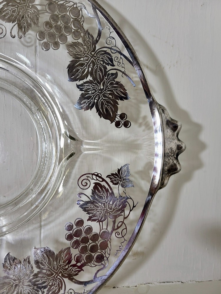 Vintage 1940s Serving Platter with Sterling Silver Grapevine Design Application