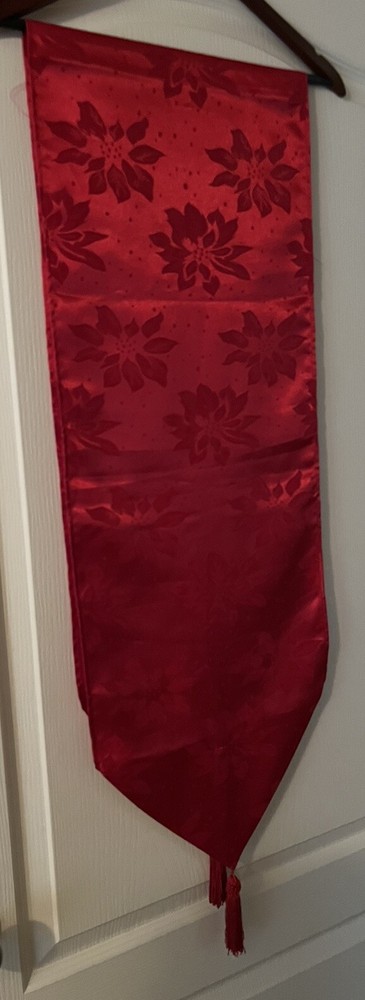 Pretty Red On Red Satiny Poinsettia Rectangular Fabric Table Runner 13” W X 72”L