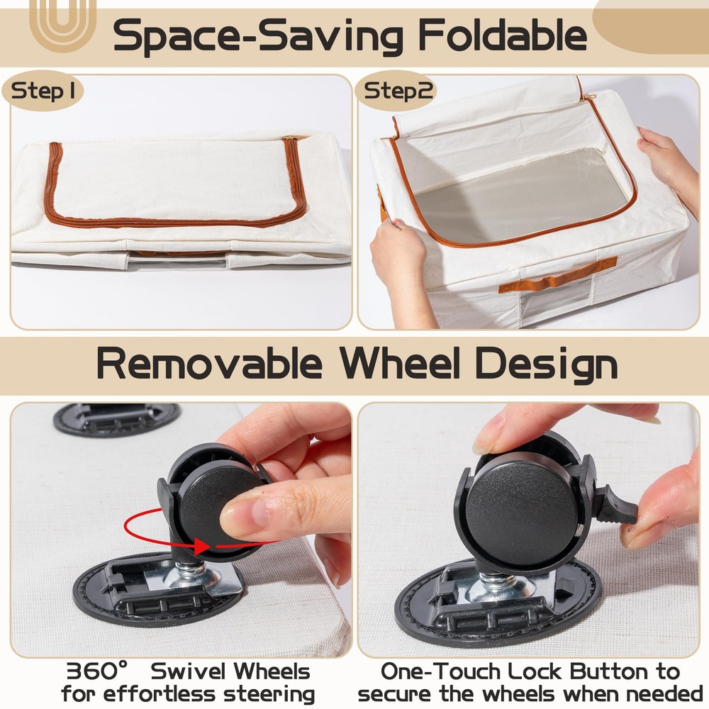 Under Bed Storage Organizer with Wheels - 2 Pack Large Foldable Underbed Draw...